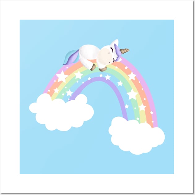 Cute unicorn laid on a rainbow Wall Art by Mimie20